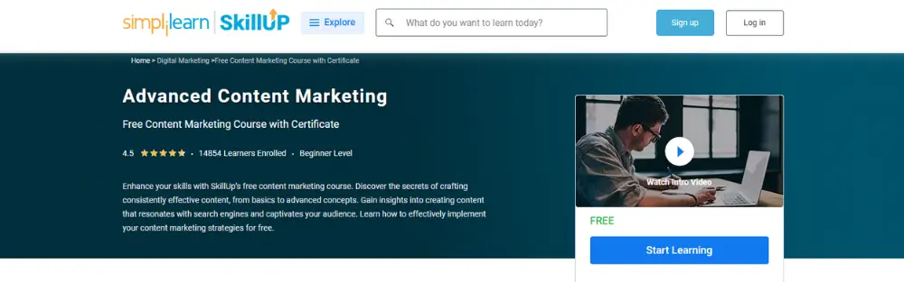 Simplilearn's Advanced Content Marketing Course, a free marketing course for bloggers with certificate, featuring a man working on a laptop