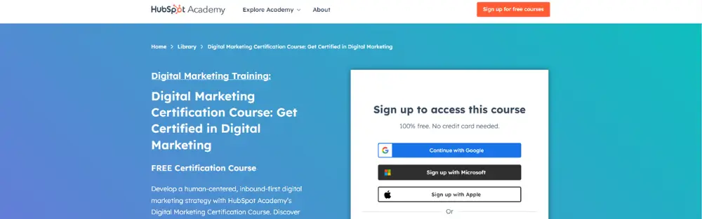 HubSpot Academy's Digital Marketing Certification Course, a free marketing course for bloggers with sign-up options using Google, Microsoft, or Apple.