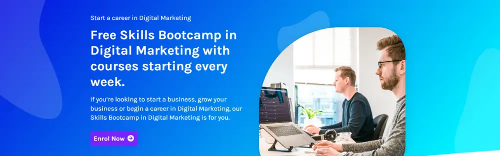 Free Skills Bootcamp in Digital Marketing with weekly courses, showing two people working on computers in an office setting