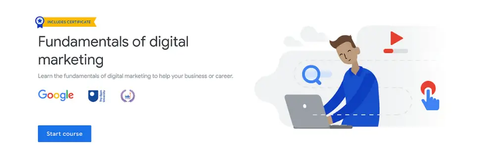 Fundamentals of digital marketing course with Google certificate, showing a person using a laptop, icons of search and video