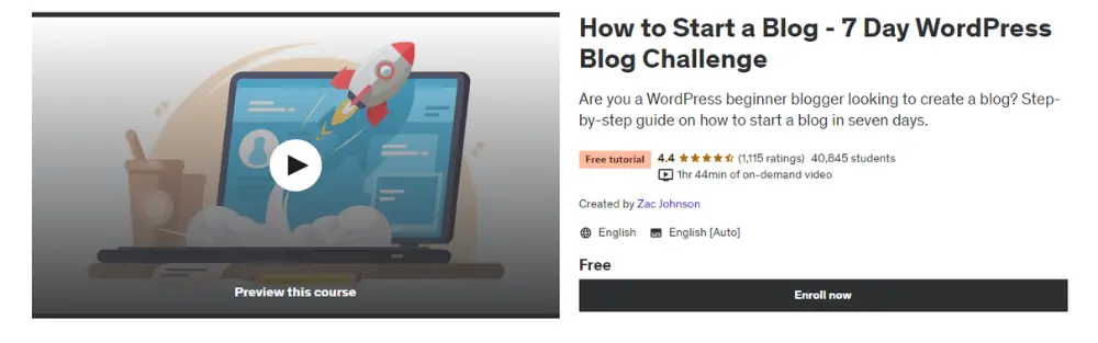 How to Start a Blog - 7 Day WordPress Blog Challenge course, featuring a laptop with a rocket taking off from the screen