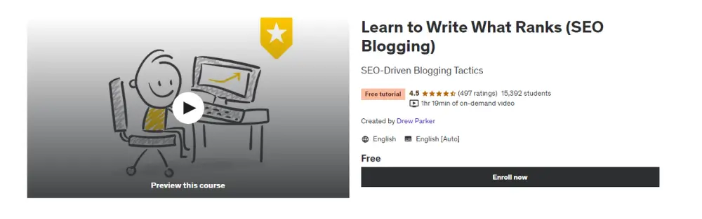 Learn to Write What Ranks (SEO Blogging) course, a free marketing course for bloggers with a stick figure working on a computer